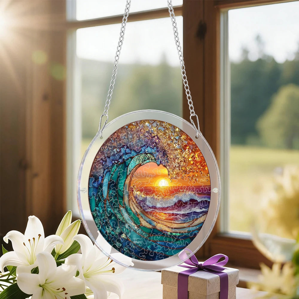 Ocean Wave Sunset Acrylic Suncatcher Puzzle – Stained Glass Style Window Hanging Decor Kit with Chain