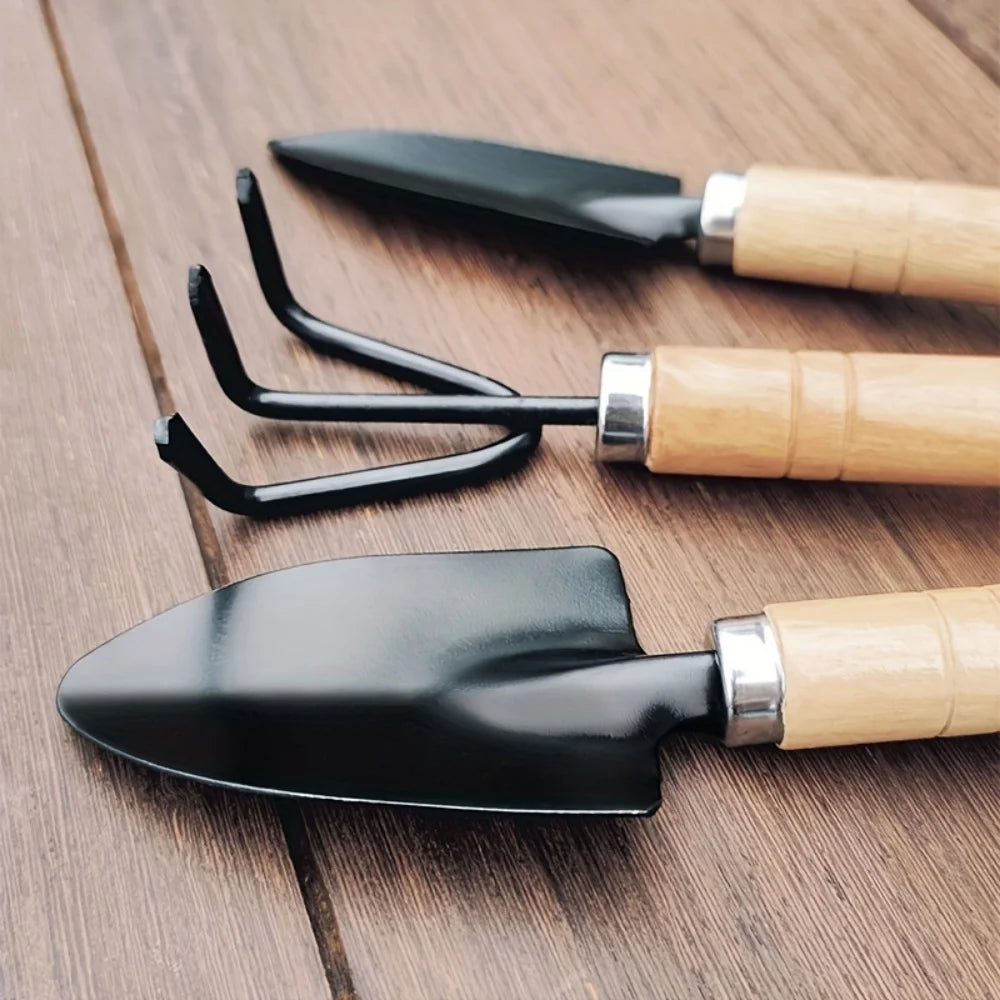 3-Piece Mini Garden Tool Set – Wooden Handle Trowel, Wide Shovel & 3-Tine Rake for Potting, Succulents & Balcony Plants
