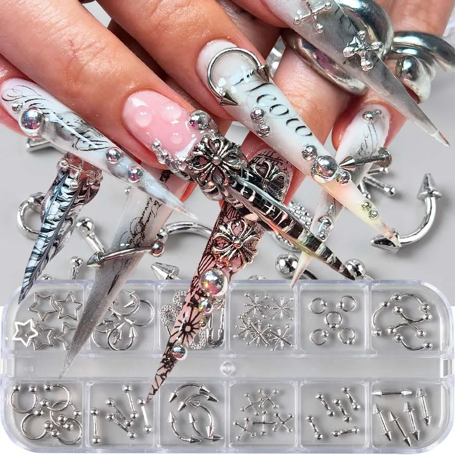 12-Grid Silver Gothic Punk Nail Charms - Metal Rivet Studs for DIY Nail Art Y2K Grunge