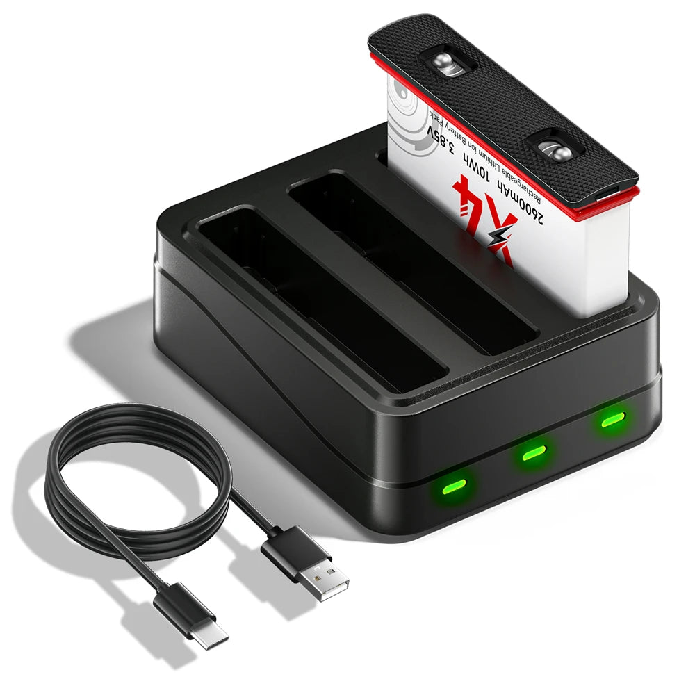 2600mAh High Capacity Camera Battery + 3-Slot LED Fast Charger for Action Cameras