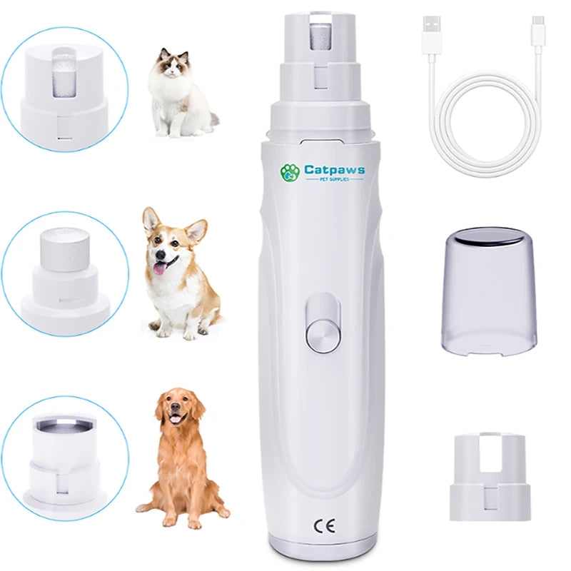 USB Rechargeable Electric Pet Nail Grinder - Quiet Dog & Cat Nail Trimmer, 2-Speed 3-Port Diamond Bit