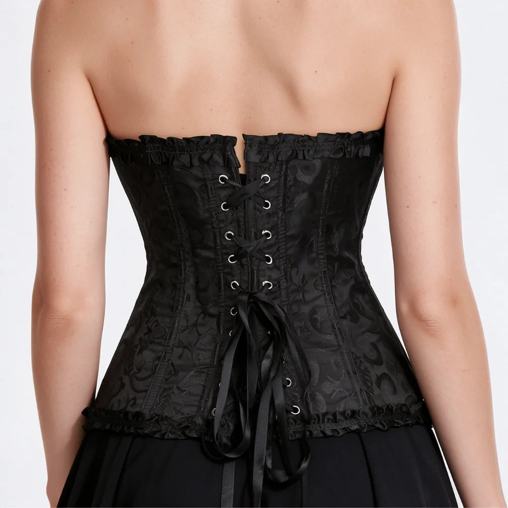 Women's Victorian Gothic Overbust Corset Bustier - Jacquard Brocade Front Busk Waist Cincher