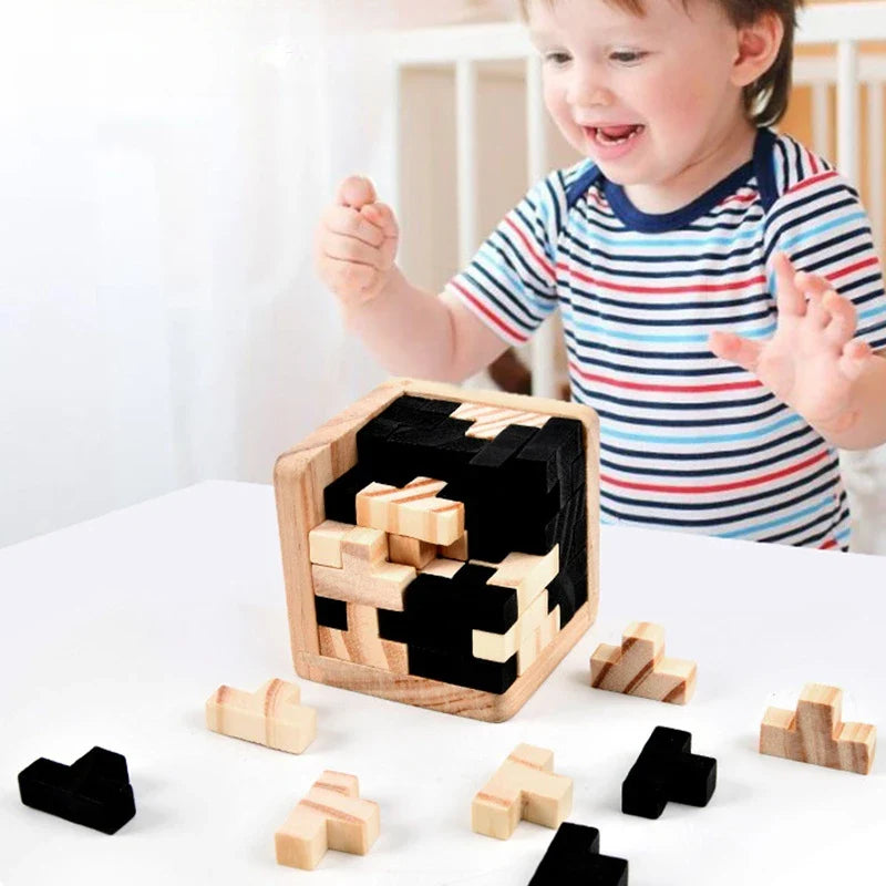 3D Wooden Luban Cube Puzzle Interlocking Brain Teaser Educational Toy for Kids Ages 3+