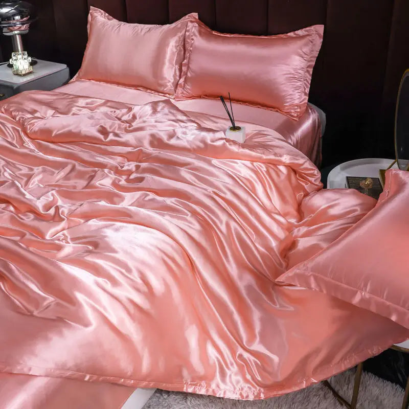 Ice Silk Satin 4-Piece Duvet Cover Set – Silky Solid Color Bedding (Duvet Cover + 2 Pillowcases + Sheet), Fits 1.5–2.2 m (5–7 ft) Beds