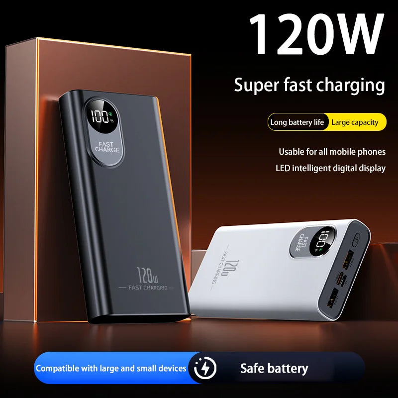 50000mAh 120W Portable Power Bank with Digital Display, Built-in Cables & Wireless Charging — Fast USB-C & Lightning