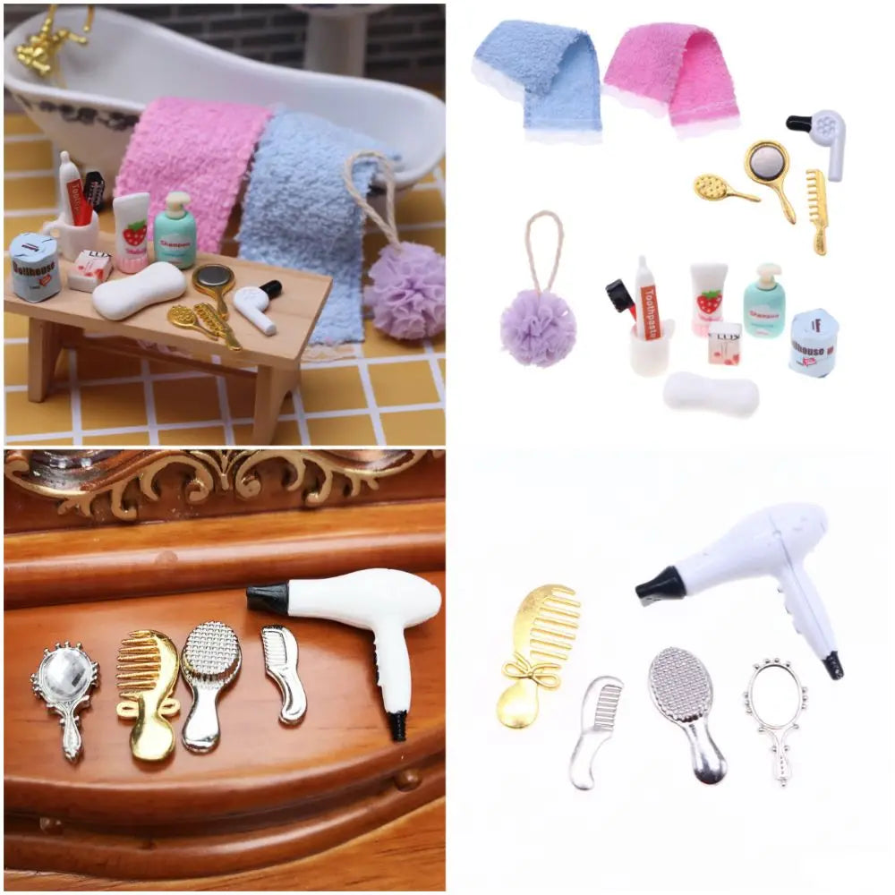1/12 Scale Dollhouse Makeup Kit - Mini Hair Dryer, Comb & Accessories Set, Multicolor