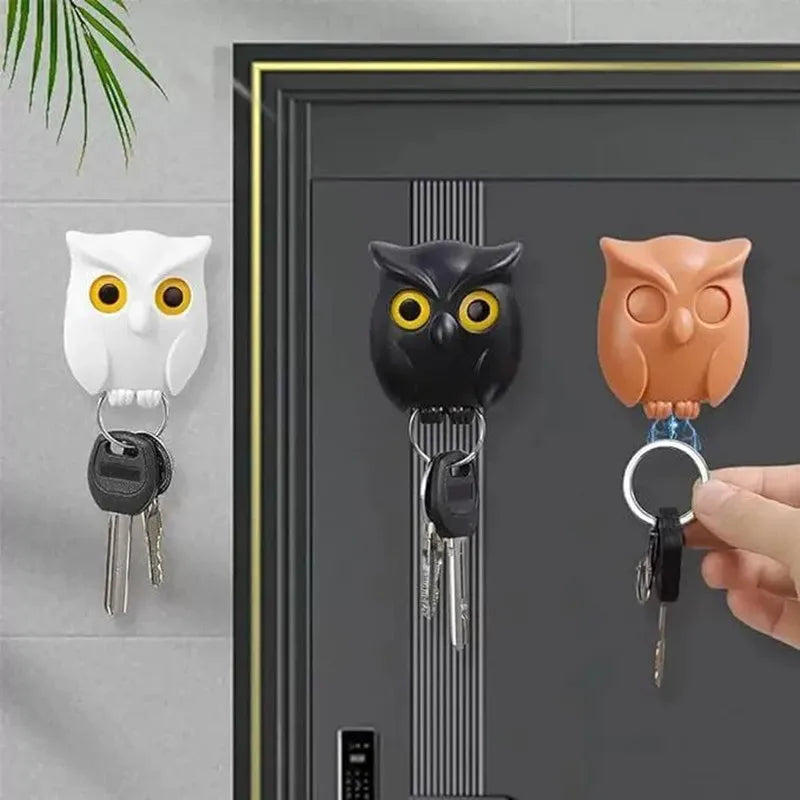 Cartoon Owl Magnetic Keychain and No-Punch Wall Hook - Blinking LED Key Storage for Kitchen & Home
