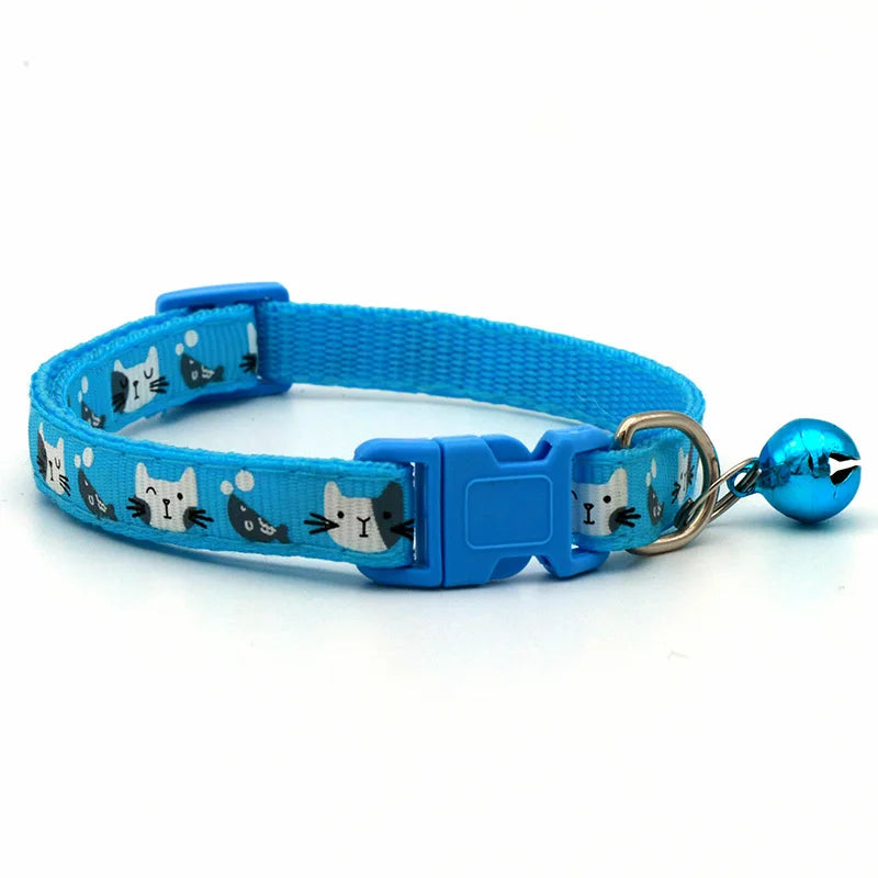 Adjustable Cat & Small Pet Collar with Bell — Colorful Cat Pattern, 19–32 cm (7.5–12.6 in), 1 cm (0.39 in) Width