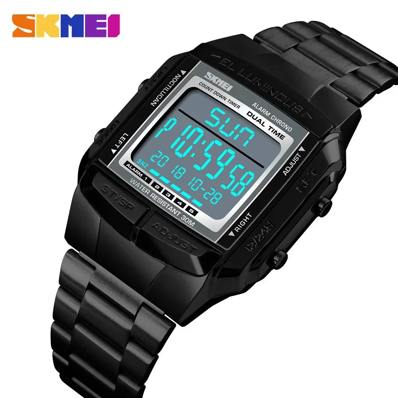 Men's Waterproof LED Digital Sport Watch – 30M (3ATM) Water Resistant, Stainless Steel Band, Military Style