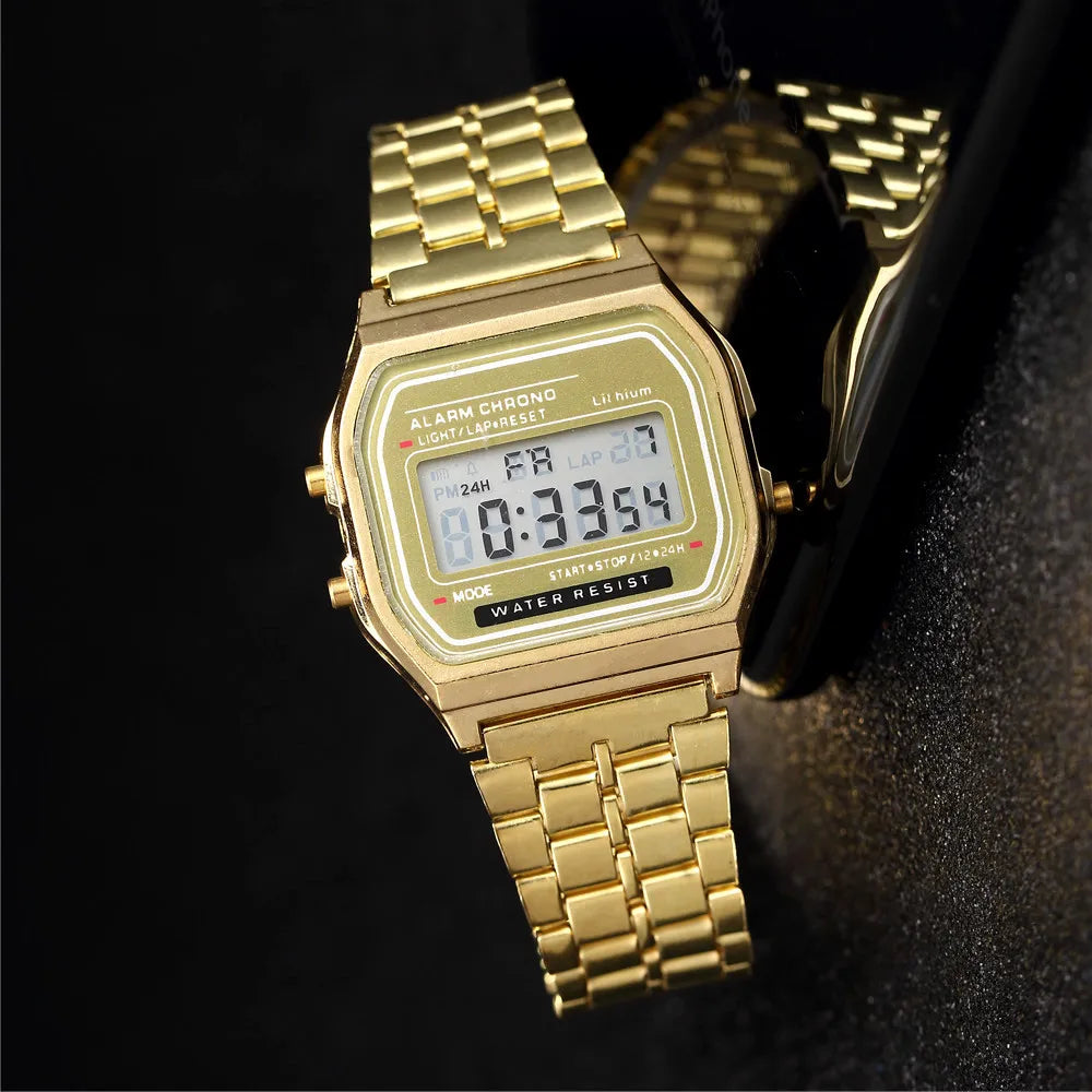 Women's Digital Stainless Steel Watch – Gold & Silver Business Electronic Wristwatch