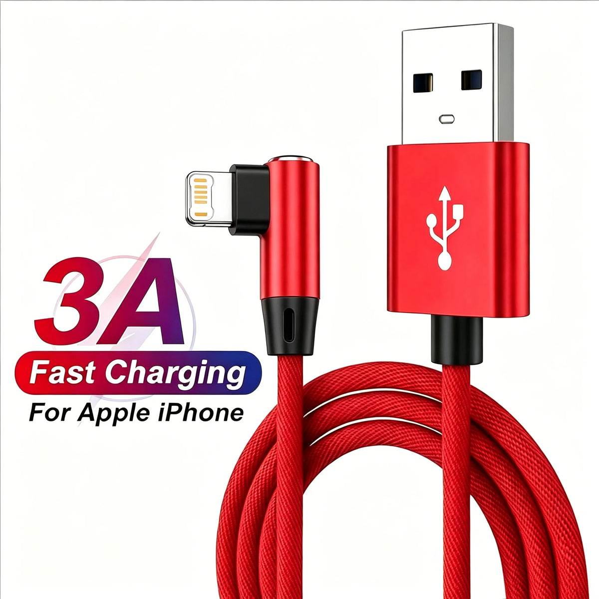 Fast Charge 90° Right Angle Lightning USB Cable for iPhone – Braided Nylon, 0.25–3M (0.8–9.8 ft)