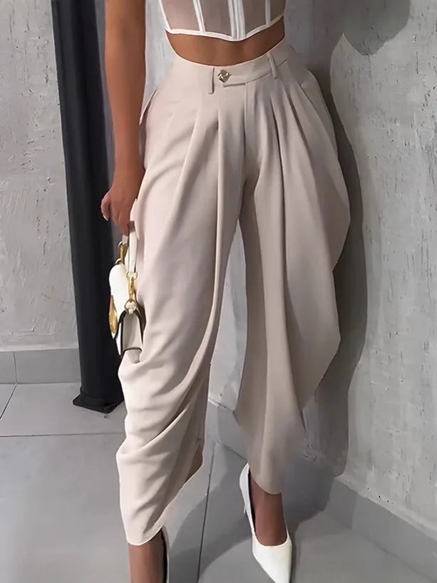 High-Waisted Pleated Wide-Leg Cropped Pants for Women – Loose Harem Skirt-Pant, Casual