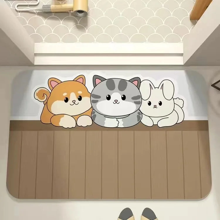 Cartoon Diatomaceous Earth Absorbent Bathroom Floor Mat - Quick-Dry Non-Slip Bath Rug for Toilet, Sink, Bedroom