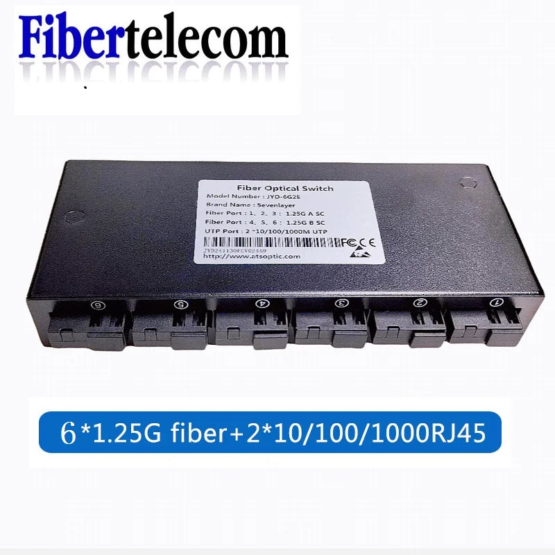 Gigabit Fiber Switch 6 x 1.25G Fiber Ports + 2 x 100/1000M RJ45 Media Converter SC Single-Mode 20km