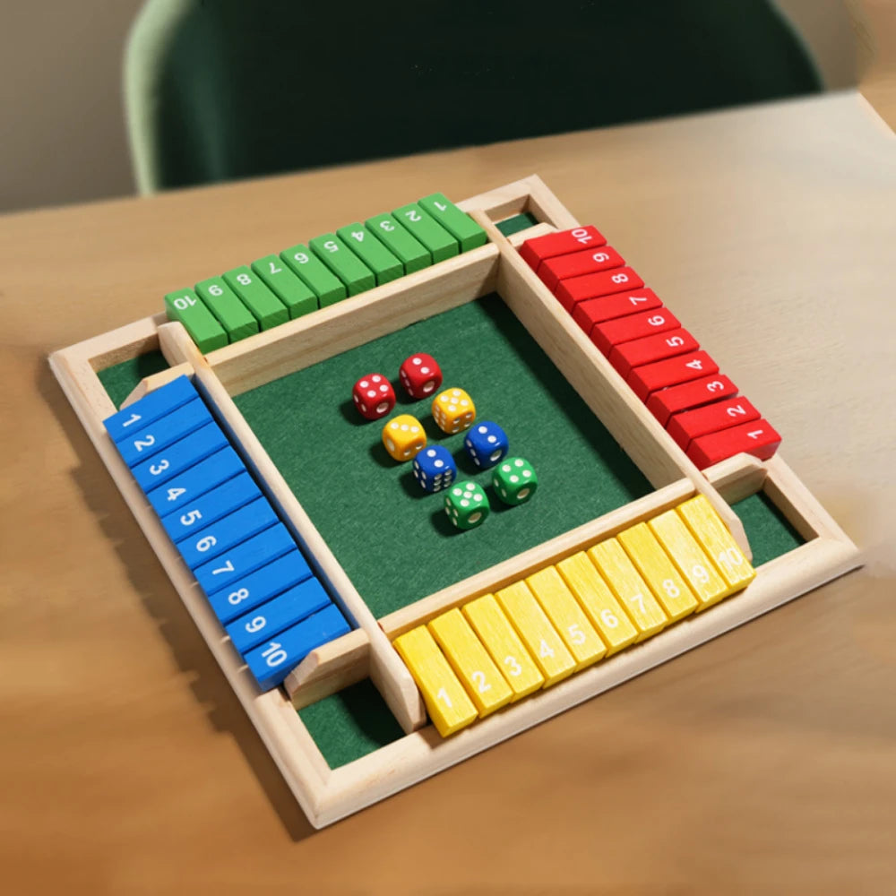 Wooden 4-Player Shut the Box Dice Game - Arithmetic Flip-Tile Party & Family Board Game