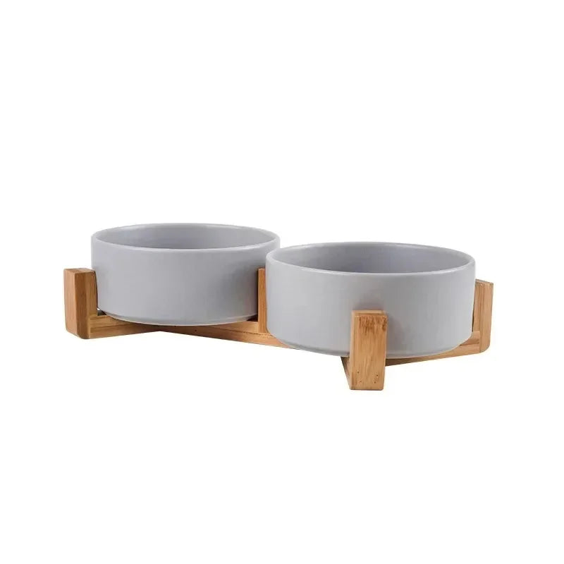Elevated Ceramic Pet Bowl with Bamboo Wood Stand – 300ml (11cm/4.3 in) & 400ml (13cm/5.1 in) Dog & Cat Feeding Bowl