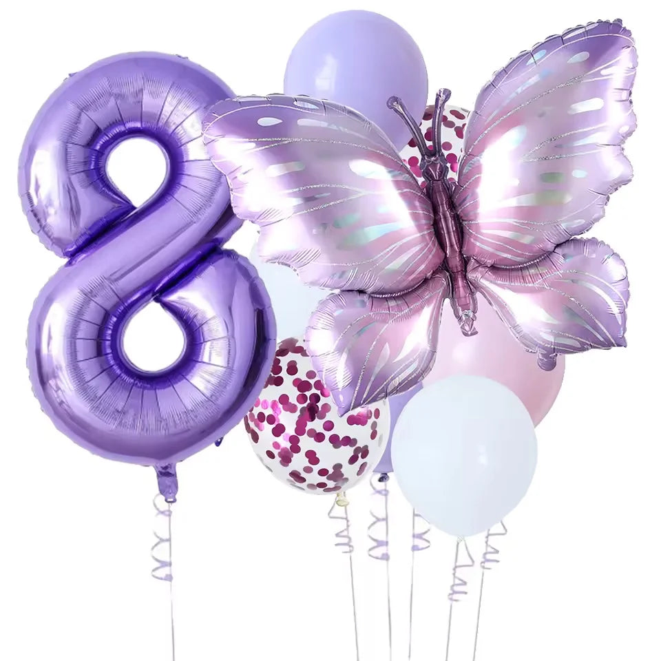 10-Pack Purple Butterfly & Number Foil Balloon Set 32-inch (81 cm) Party Decorations for Baby Shower, Birthday, Wedding, Christmas