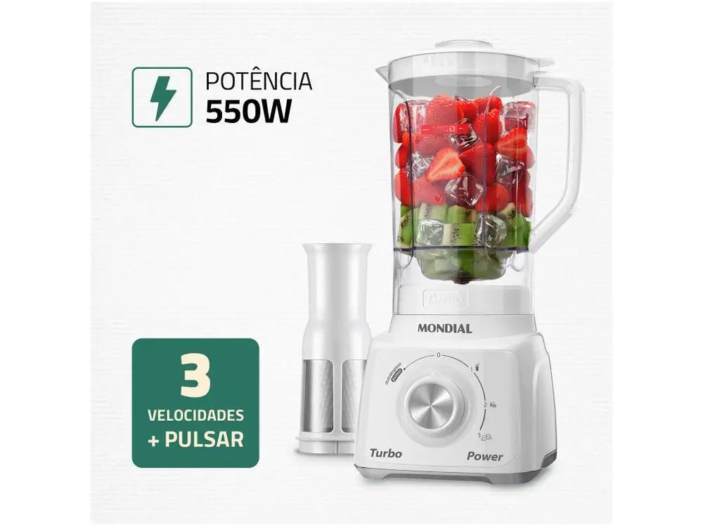 Turbo Power 500W Countertop Blender with Filter — 2.2L (74 fl oz) Jar, 3 Speeds + Pulse, White & Gray, 110V
