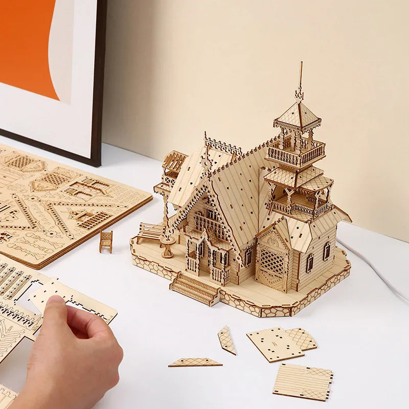 3D Wooden Villa Castle Puzzle Kit with LED Light - DIY House Model & Desktop Decoration Gift for Teens & Adults