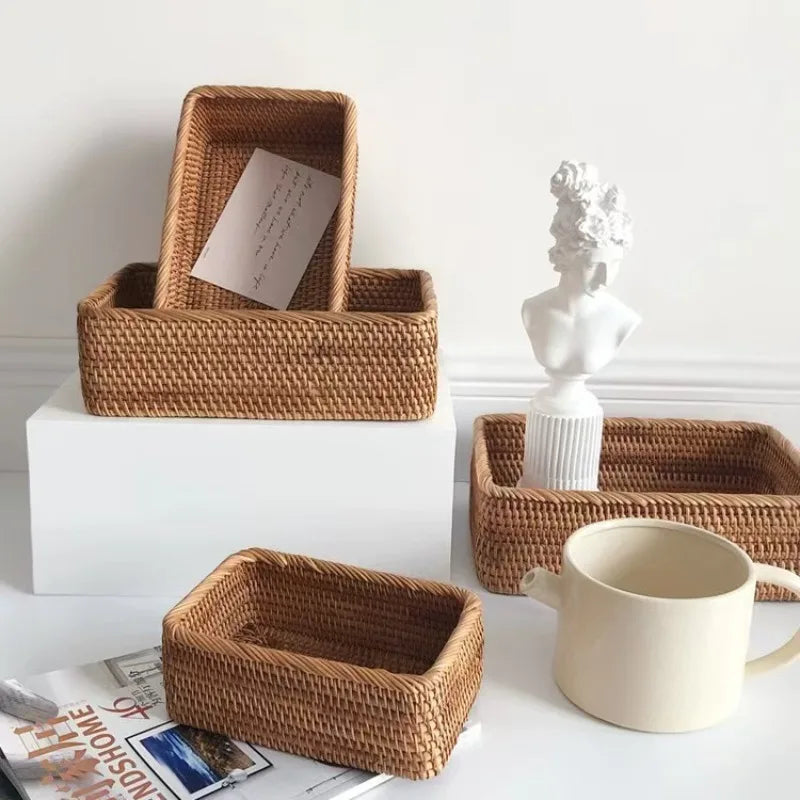 Handmade Rattan and Bamboo Nesting Storage Baskets – Woven Organizer for Home, Kitchen and Table