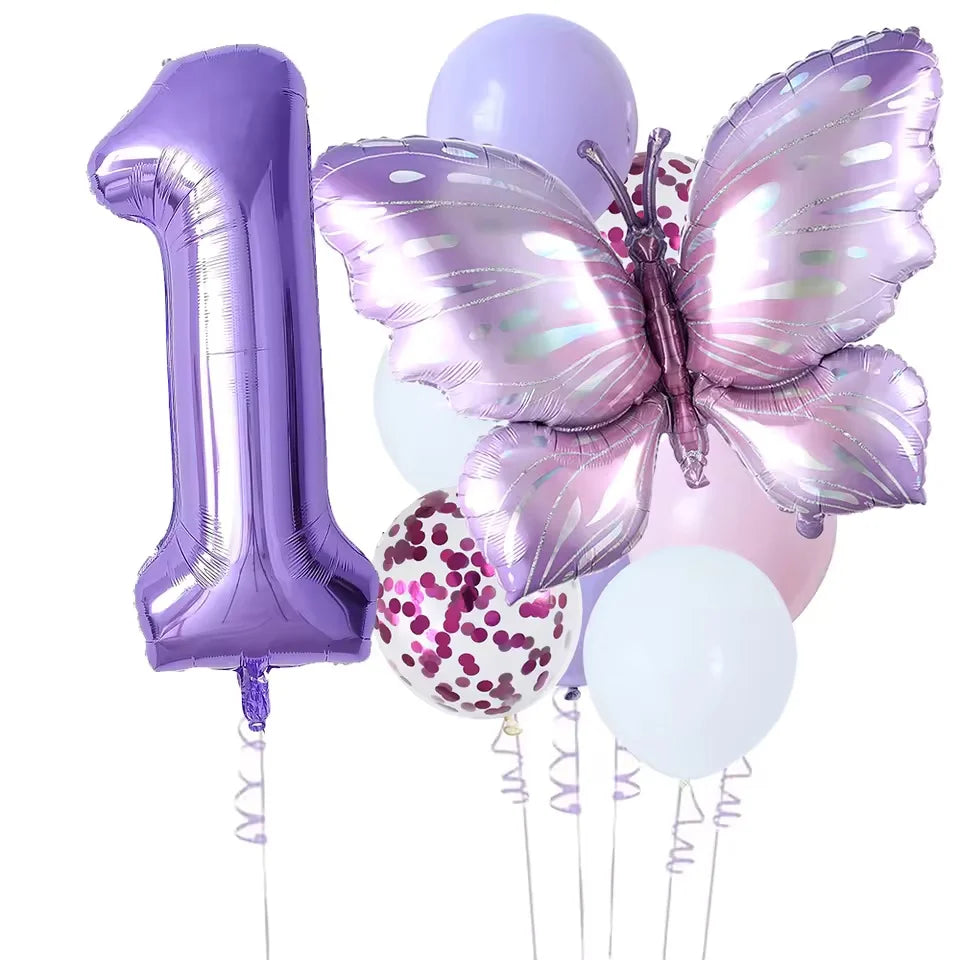 10-Pack Purple Butterfly & Number Foil Balloon Set 32-inch (81 cm) Party Decorations for Baby Shower, Birthday, Wedding, Christmas