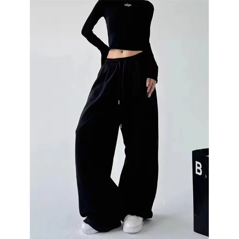 Harajuku Wide-Leg Sweatpants for Women – Oversized High-Waist Gray Drawstring Joggers