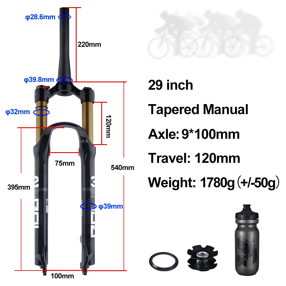 Mountain Bike Air Suspension Fork 26/27.5/29 Inch 100mm Travel (120mm Exposed) Air & Oil Damping Remote Lockout 9mm Axle 32mm Stanchions Disc Brake
