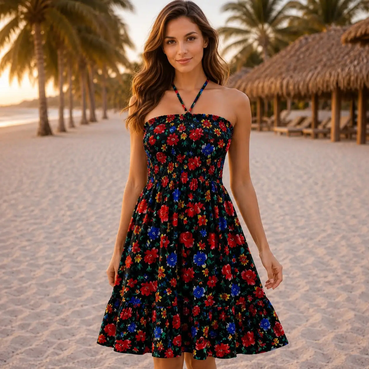 Women's Summer Floral Halter Neck Sundress Boho Smocked Backless Ruffle Beach Mini Dress