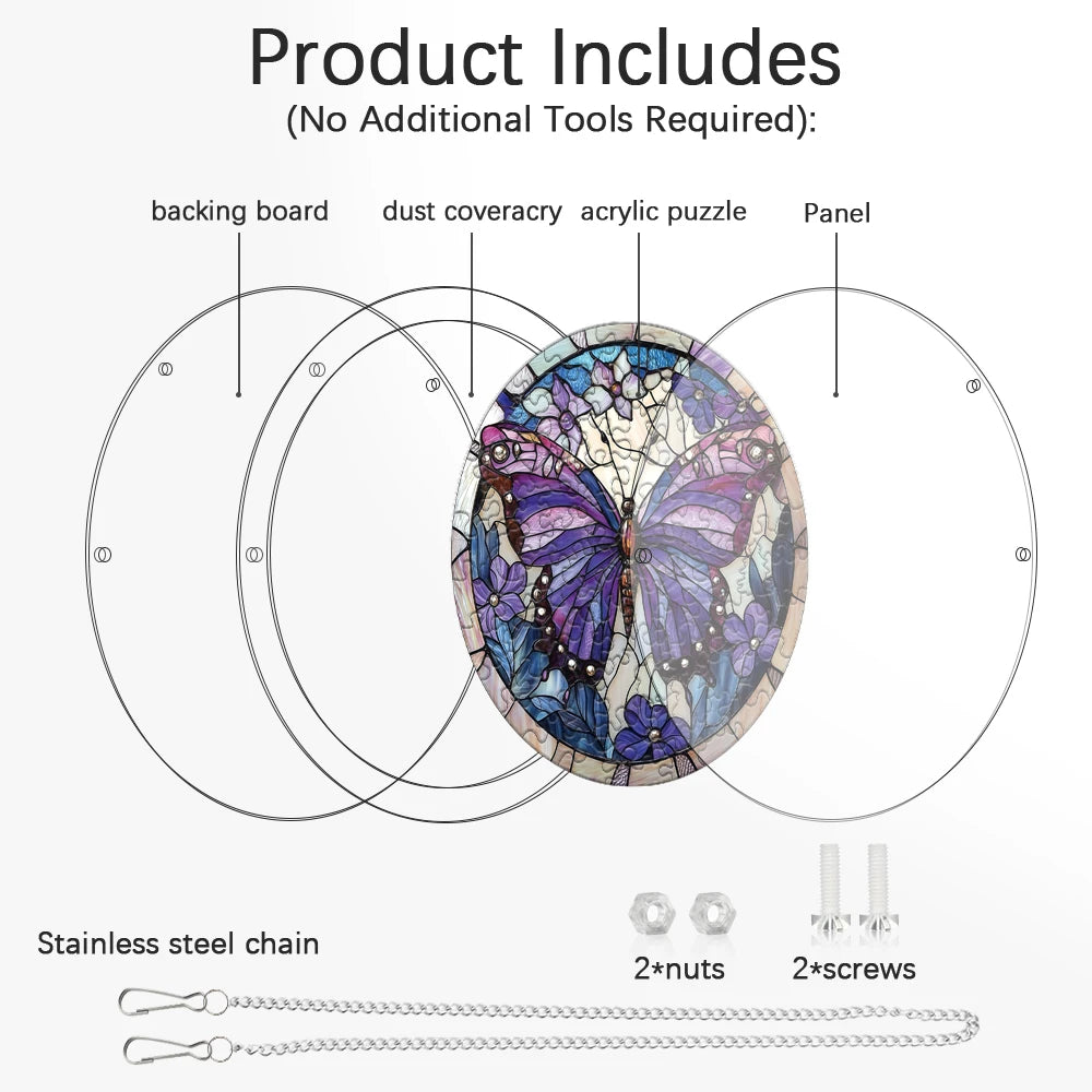 Stained Glass Butterfly Acrylic Puzzle Suncatcher - DIY Window Hanging Decor (18×18 cm / 7.1×7.1 in; 20×20 cm / 7.9×7.9 in)