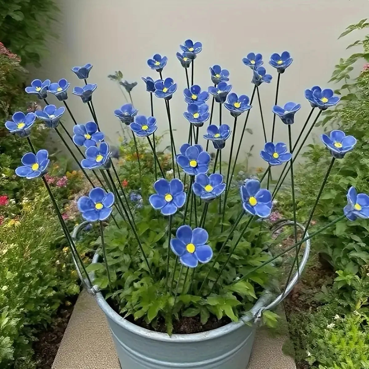 Blue Ceramic Forget-Me-Not Artificial Flowers 14.56 in (37 cm) Fade-Resistant Indoor & Outdoor Vase and Lawn Decor