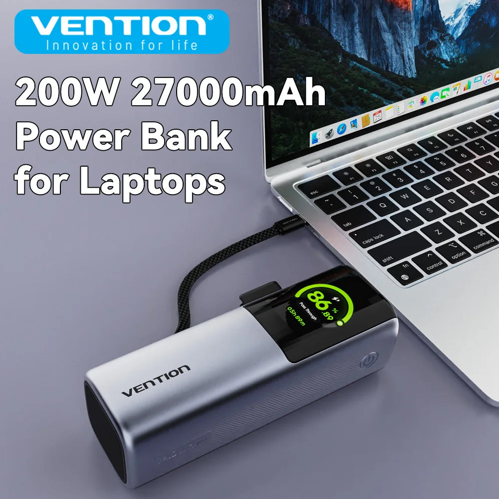 200W 27000mAh Power Bank PD Fast Charger with Built-in USB-C Cable - Portable Laptop External Battery (USB-A/USB-C)