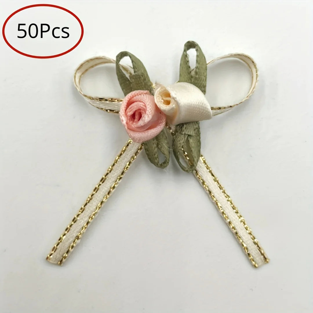 50-Pack Rose Ribbon Bows, Mixed Color Floral Accents for Gift Wrapping, Weddings & DIY Crafts