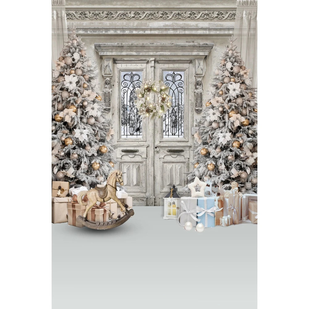 Christmas Photography Backdrop - Santa, Tree & Fireplace Winter Snow Wood Floor Portrait Background