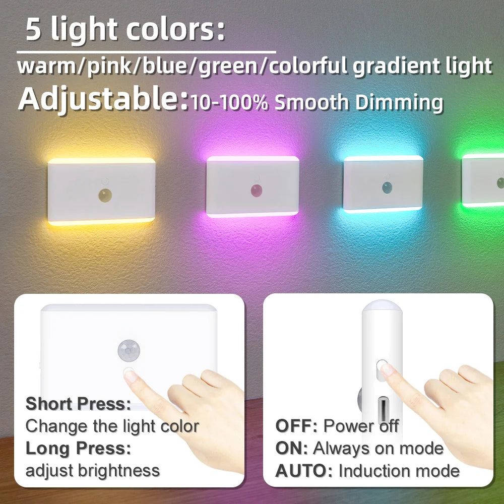 LED Motion Sensor Night Light — 3-Mode Dimmable Rechargeable Wall Lamp for Bedroom, Stairs, Closet & Camping