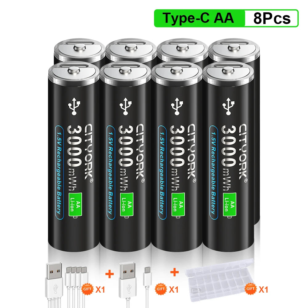 1.5V AA Rechargeable Li‑Ion Battery 3000mWh (3.0Wh) with Micro USB Fast Charging - For Remotes, Keyboards, Toys & Wireless Devices