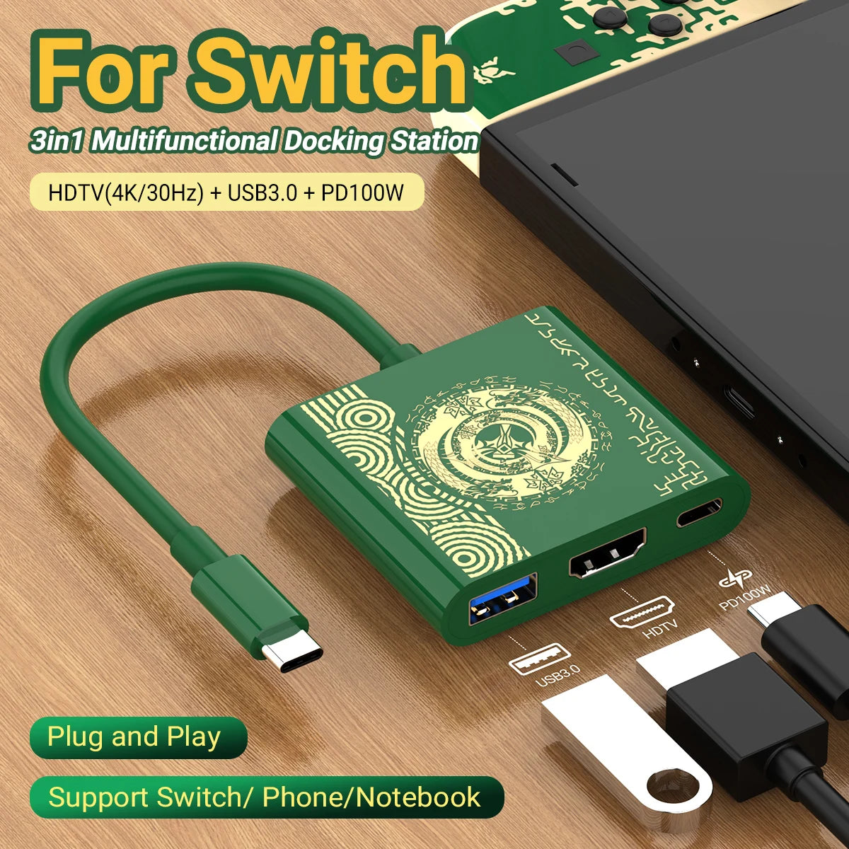 3-in-1 USB-C Hub — 4K HDMI, 100W PD Fast Charging & USB 3.0 Dock for Switch, MacBook, Laptop, Phone