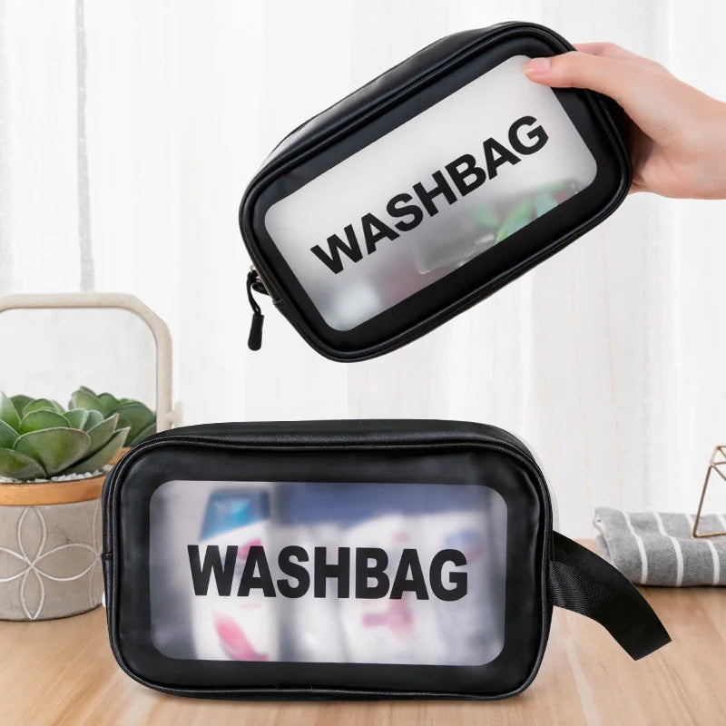 Transparent Black Waterproof PVC Travel Makeup Bag, Large Capacity Cosmetic Organizer (3 Sizes)