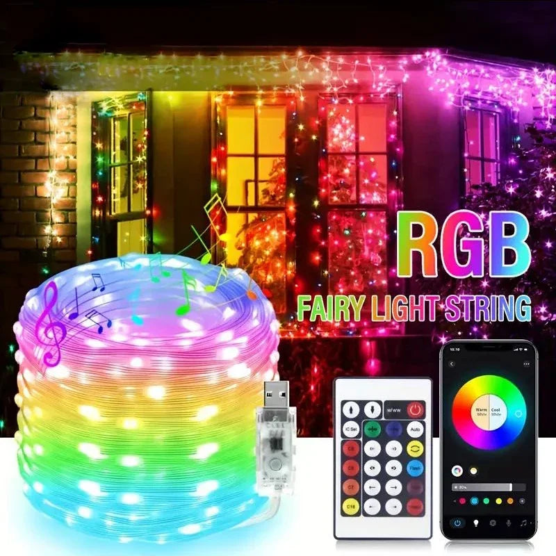 Bluetooth USB Dreamcolor LED String Lights RGBIC Music Sync 5m/10m/20m (16ft/33ft/66ft) IP65 Waterproof Fairy Garland