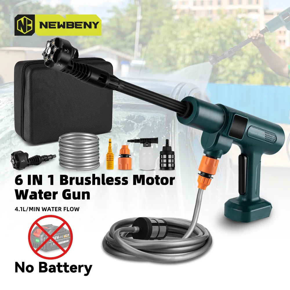 200 Bar (≈2900 PSI) Brushless Cordless High-Pressure Car Washer Gun - 6-in-1 Nozzle, 18V Battery Compatible, 5 m (16.4 ft) Hose