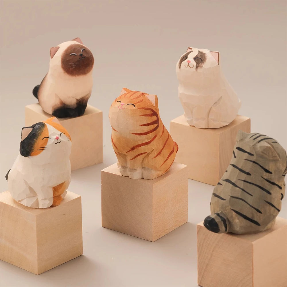 Set of 13 Hand-Carved Wooden Cat Figurines – Basswood Kitty Statues for Desk, Shelf, Car & Home Decor