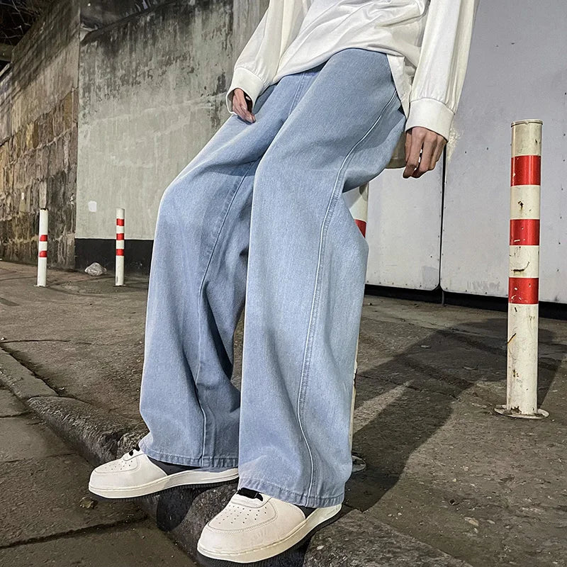 Men's Korean Streetwear Loose Wide-Leg Jeans - Straight Baggy Pants in Black & Light Blue