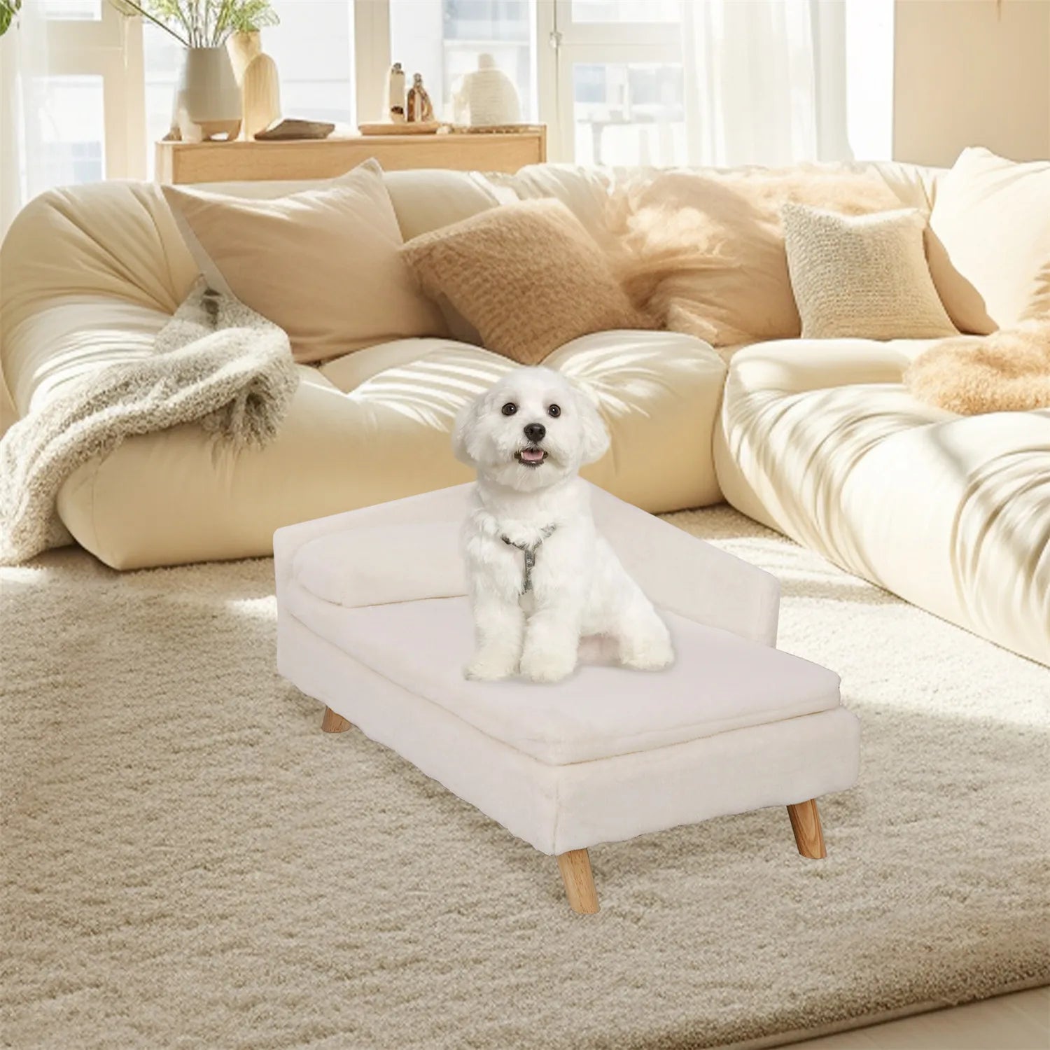 Elevated Nordic Pet Sofa Bed for Small Dogs & Kittens – Waterproof Plush Liner, Sturdy Wood Legs, Small & Large (27.5×15.7×15.3 in / 70×40×39 cm, 31.4×19.6×15.3 in / 80×50×39 cm)