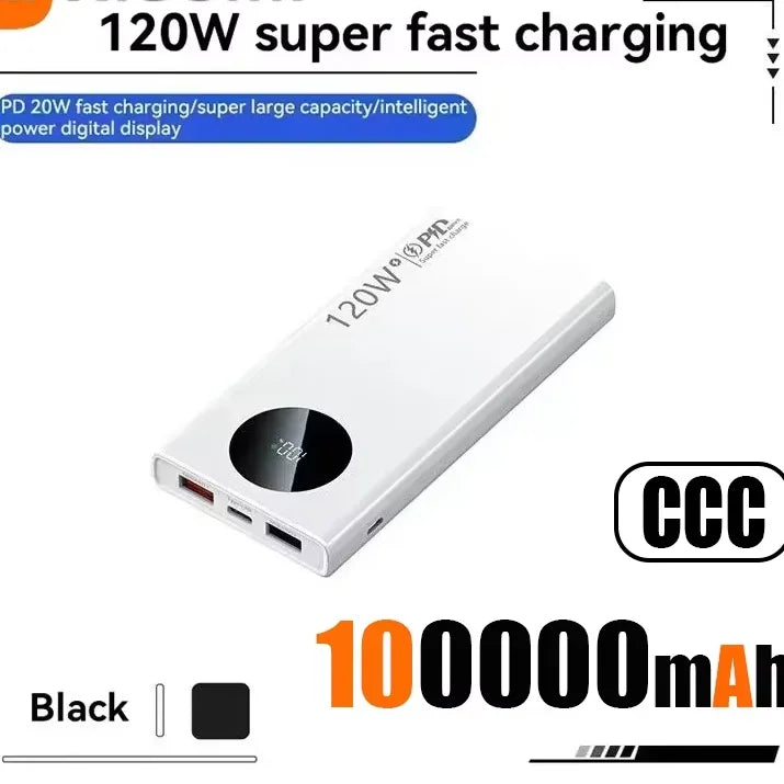 120W Fast Charging Power Bank – 50,000 / 100,000 / 200,000 mAh Portable Charger with Built-In Cable, USB-C & Dual USB, LED Display