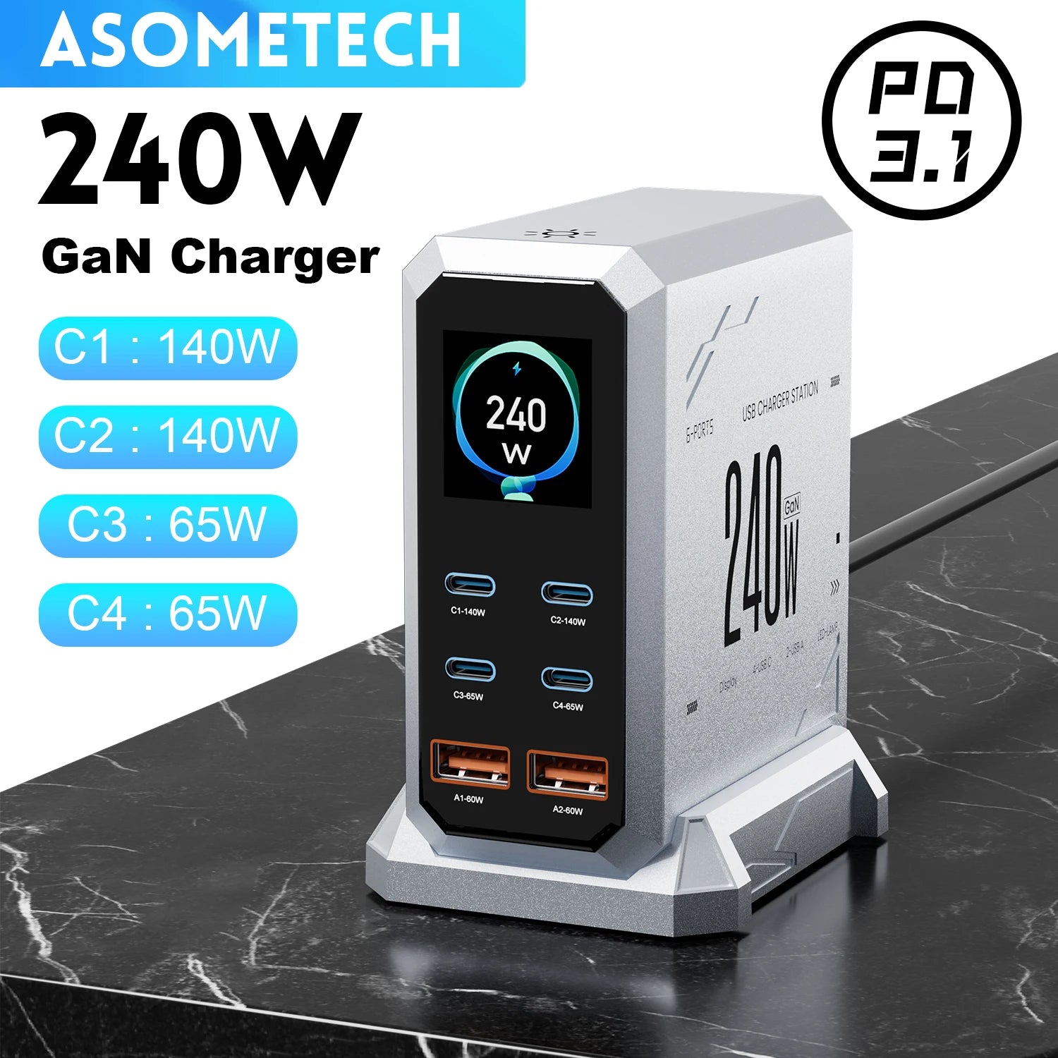 240W GaN 6-Port Fast Charger PD 3.1 - 140W USB-C PD PPS Desktop Charging Station (4 USB-C, 2 USB-A) for Laptops, Phones & Tablets