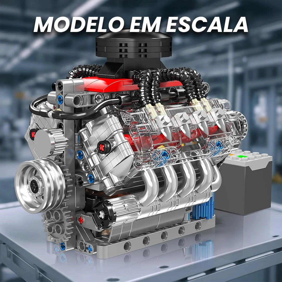 V8 Engine Building Blocks Model Kit, 487-Piece Compatible with LEGO, Transparent Cylinder Heads & Moving Pistons