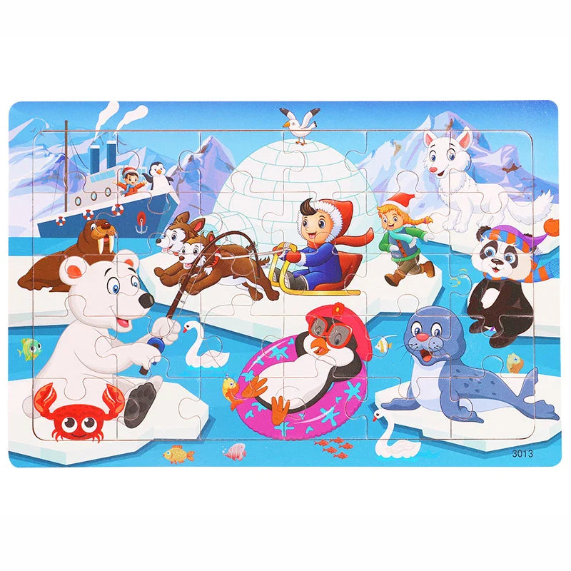 30-Piece Wooden Jigsaw Puzzle for Kids, Cartoon Animals & Vehicles, Early Learning Toy
