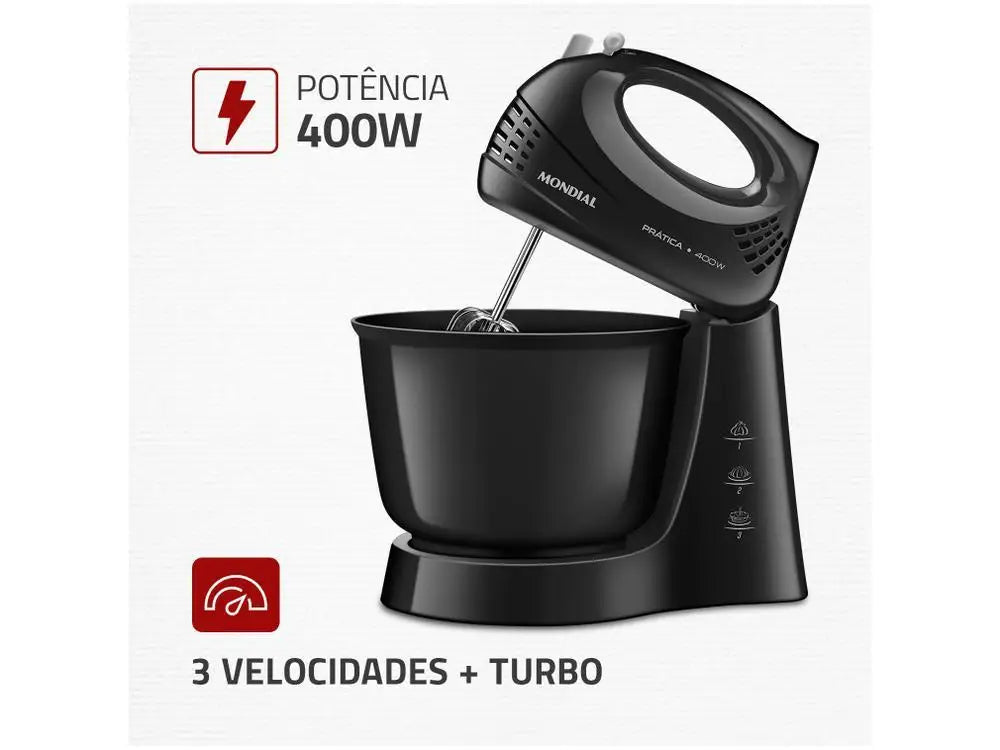 Black Electric Hand Mixer 400W, 3-Speed + Turbo with Mixing Bowl & Beaters - 110V