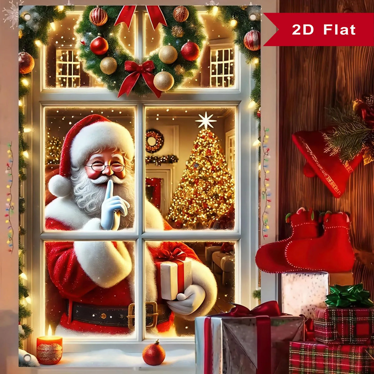 Christmas Window Backdrop Banner Santa Claus Photo Background Indoor Holiday Window Cover