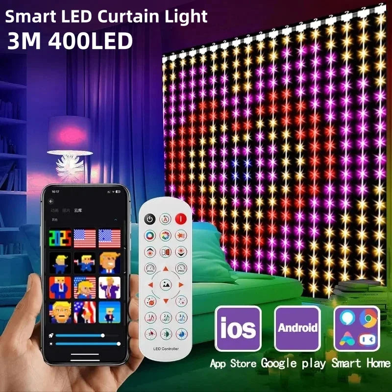 LED Curtain Fairy Lights – App-Controlled Music Sync, DIY Patterns, Waterproof, 6–10m (20–33 ft) Indoor/Outdoor Party & Holiday Decor