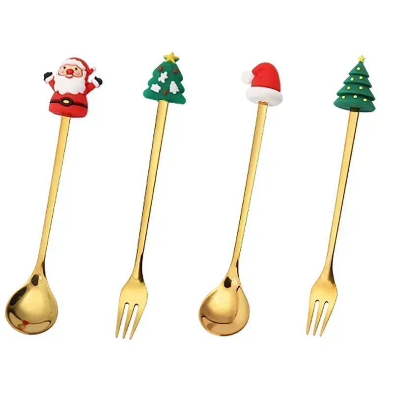 4-Piece Stainless Steel Christmas Cutlery Set – Spoon & Fork Holiday Table Decor with Elk & Tree Ornaments